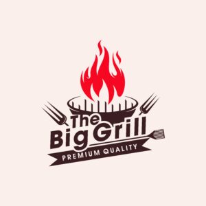 لوگو طرح کباب پز و چنگال با شعله آتش