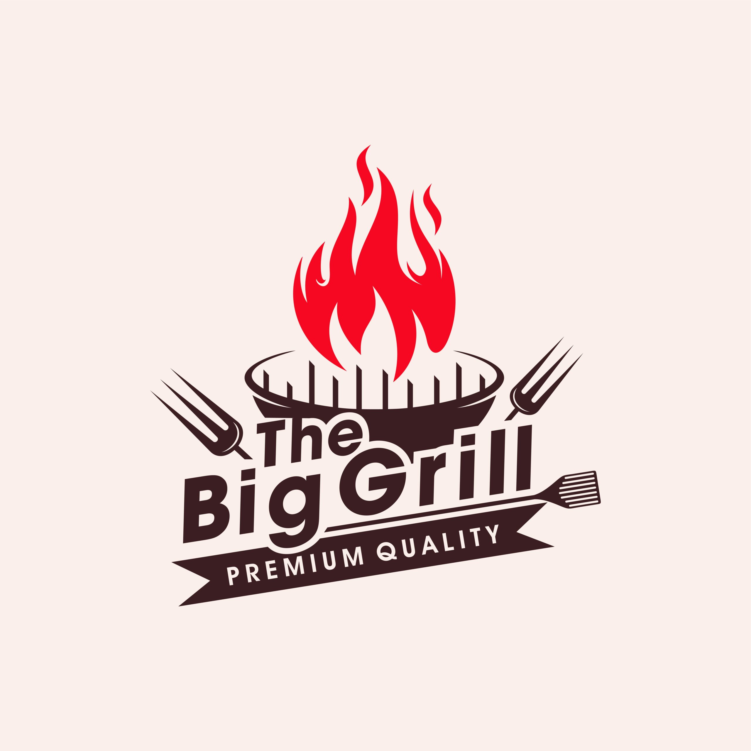 لوگو طرح کباب پز و چنگال با شعله آتش